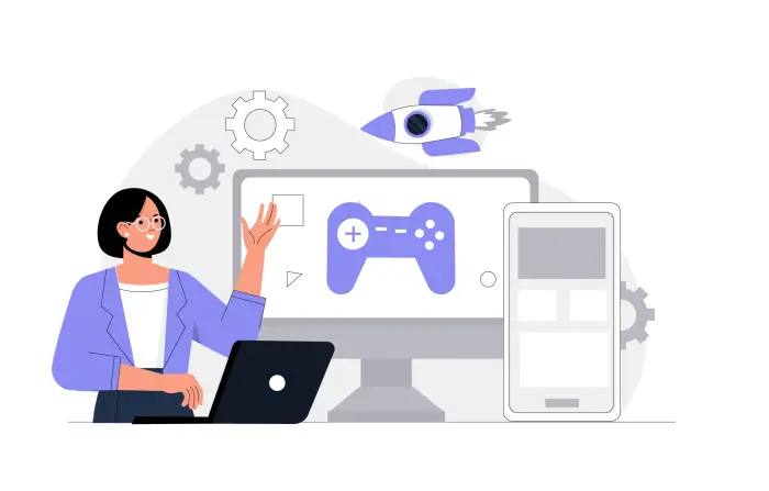 Woman Game Developer Working on a Laptop Flat Design Character Illustration
